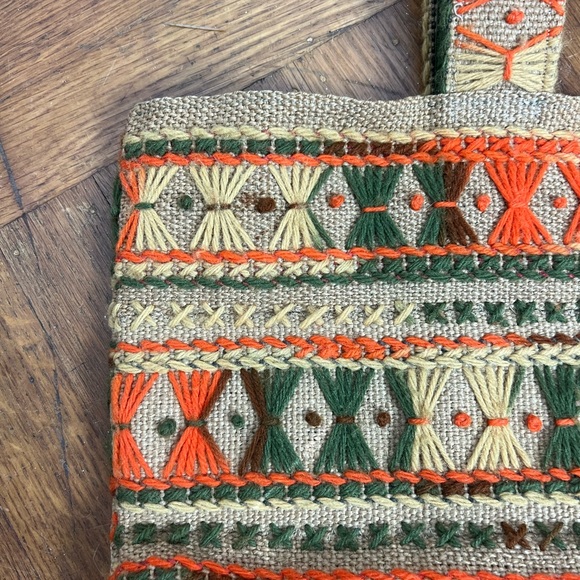 70’s VINTAGE Handcrafted Natural Burlap Multicolor Yarn Handbag Purse Tote Bag - Picture 5 of 10
